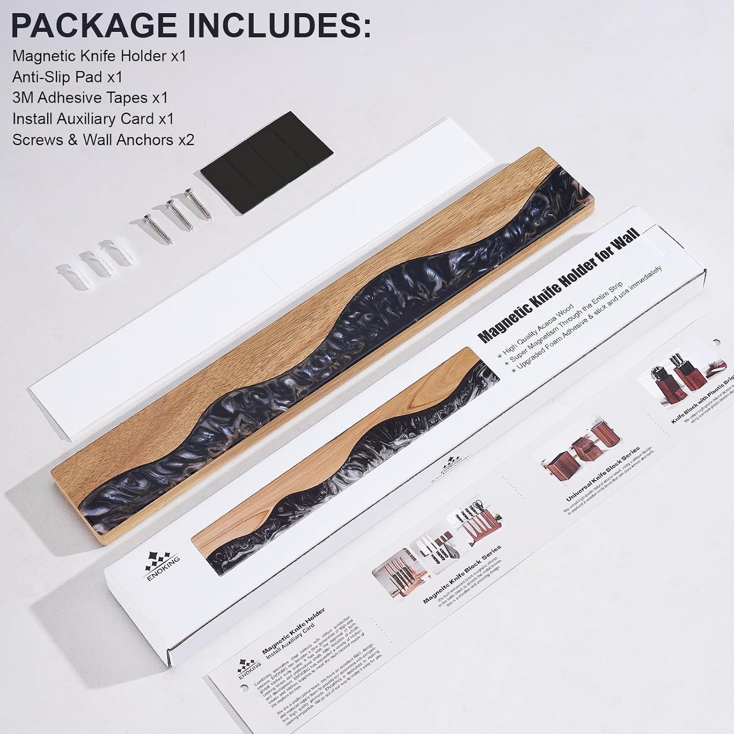 16 Inch Magnetic Knife Holder for Wall, Acacia Wood & Blue Resin Magnetic Knife Strip, Powerful No-Drill Adhesive or Screws Mount, Kitchen Knife Bar Storage Rack ("Ocean" Blue Resin)