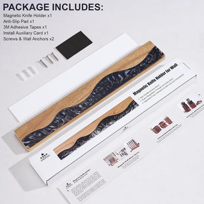 16 Inch Magnetic Knife Holder for Wall, Acacia Wood & Blue Resin Magnetic Knife Strip, Powerful No-Drill Adhesive or Screws Mount, Kitchen Knife Bar Storage Rack ("Ocean" Blue Resin)