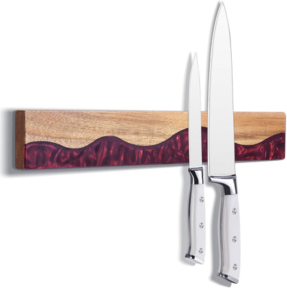 16 Inch Magnetic Knife Holder for Wall, Acacia Wood & Blue Resin Magnetic Knife Strip, Powerful No-Drill Adhesive or Screws Mount, Kitchen Knife Bar Storage Rack ("Ocean" Blue Resin)