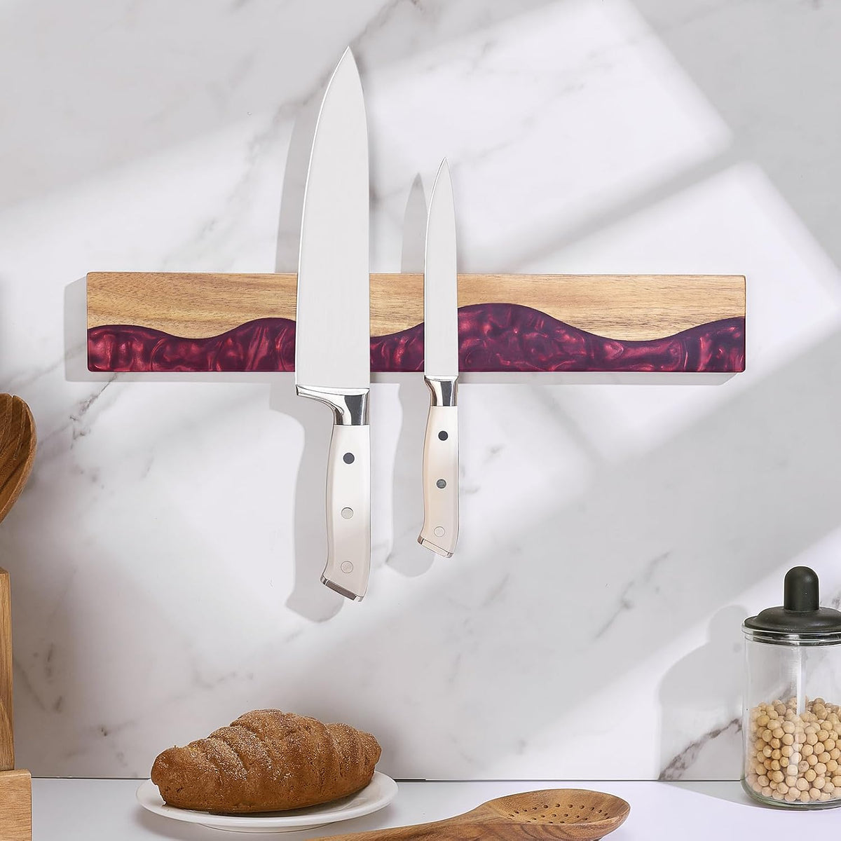 16 Inch Magnetic Knife Holder for Wall, Acacia Wood & Blue Resin Magnetic Knife Strip, Powerful No-Drill Adhesive or Screws Mount, Kitchen Knife Bar Storage Rack ("Ocean" Blue Resin)