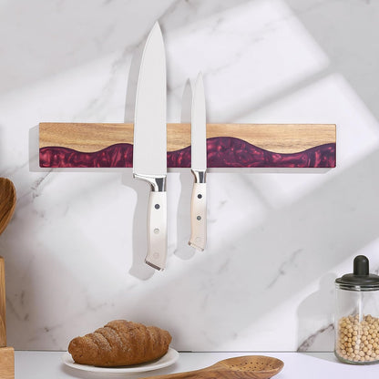 16 Inch Magnetic Knife Holder for Wall, Acacia Wood & Blue Resin Magnetic Knife Strip, Powerful No-Drill Adhesive or Screws Mount, Kitchen Knife Bar Storage Rack ("Ocean" Blue Resin)