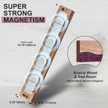 16 Inch Magnetic Knife Holder for Wall, Acacia Wood & Blue Resin Magnetic Knife Strip, Powerful No-Drill Adhesive or Screws Mount, Kitchen Knife Bar Storage Rack ("Ocean" Blue Resin)