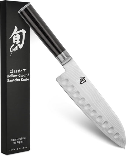 Classic 7" Hollow Ground Santoku Knife | Handcrafted Japanese Cutting Knife, VG-MAX Core, Damascus Stainless Steel Cladding, Pakkawood Handle