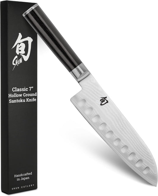 Classic 7" Hollow Ground Santoku Knife | Handcrafted Japanese Cutting Knife, VG-MAX Core, Damascus Stainless Steel Cladding, Pakkawood Handle