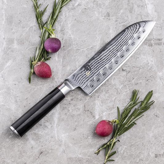 Classic 7" Hollow Ground Santoku Knife | Handcrafted Japanese Cutting Knife, VG-MAX Core, Damascus Stainless Steel Cladding, Pakkawood Handle
