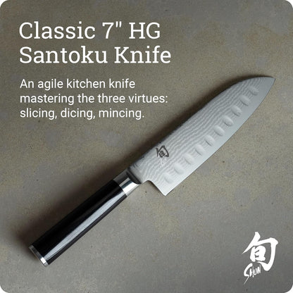 Classic 7" Hollow Ground Santoku Knife | Handcrafted Japanese Cutting Knife, VG-MAX Core, Damascus Stainless Steel Cladding, Pakkawood Handle