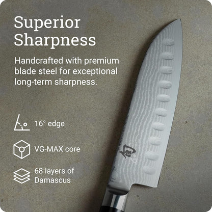 Classic 7" Hollow Ground Santoku Knife | Handcrafted Japanese Cutting Knife, VG-MAX Core, Damascus Stainless Steel Cladding, Pakkawood Handle