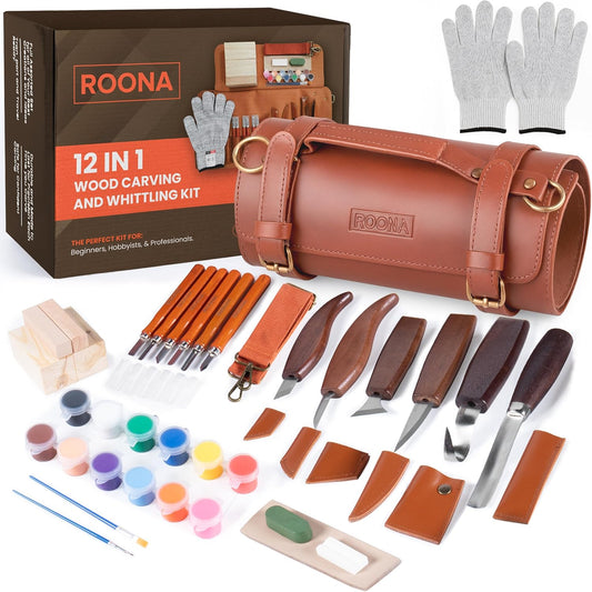 Wood Carving Kit, 24Pcs with Carving Knives, Chisel Set, Leather Strop, Sharpening Compound with Polisher, Gloves, Paint Set & Basswood Blocks – Whittling Knife Set with Rolling PU Leather Case