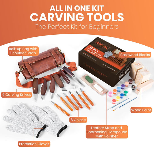 Wood Carving Kit, 24Pcs with Carving Knives, Chisel Set, Leather Strop, Sharpening Compound with Polisher, Gloves, Paint Set & Basswood Blocks – Whittling Knife Set with Rolling PU Leather Case