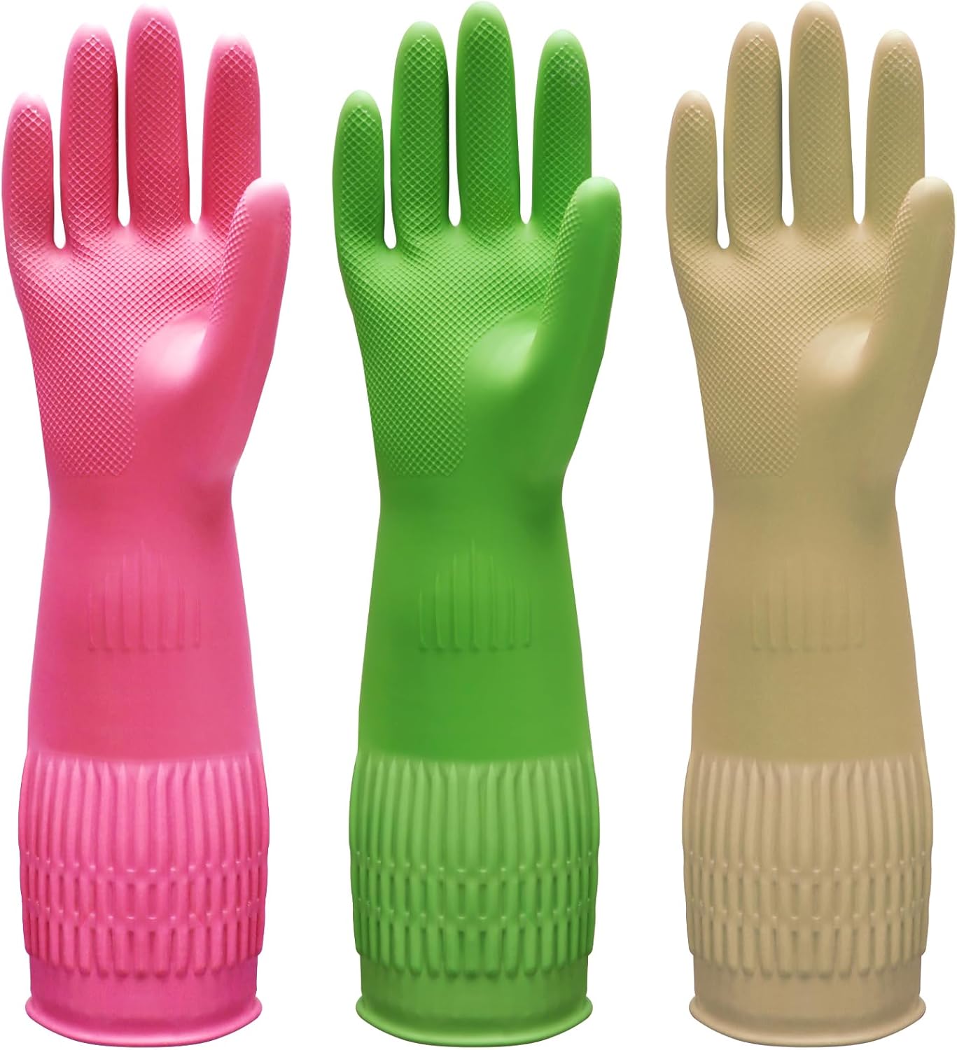 3 Pairs of Rubber Dishwashing Gloves for Kitchen and Household Cleaning – Long Cuff 15", Reusable, Flexible Long-lasting and Non-Slip (Red+Yellow+Green, Large)