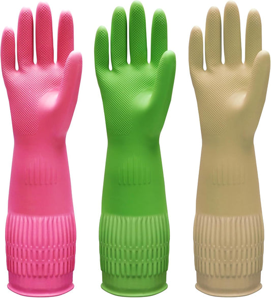 3 Pairs of Rubber Dishwashing Gloves for Kitchen and Household Cleaning – Long Cuff 15", Reusable, Flexible Long-lasting and Non-Slip (Red+Yellow+Green, Large)