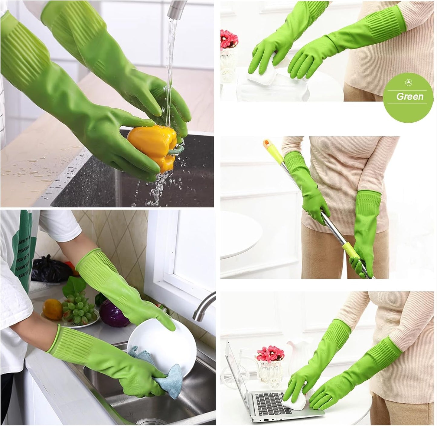 3 Pairs of Rubber Dishwashing Gloves for Kitchen and Household Cleaning – Long Cuff 15", Reusable, Flexible Long-lasting and Non-Slip (Red+Yellow+Green, Large)