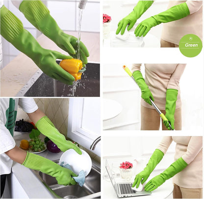 3 Pairs of Rubber Dishwashing Gloves for Kitchen and Household Cleaning – Long Cuff 15", Reusable, Flexible Long-lasting and Non-Slip (Red+Yellow+Green, Large)