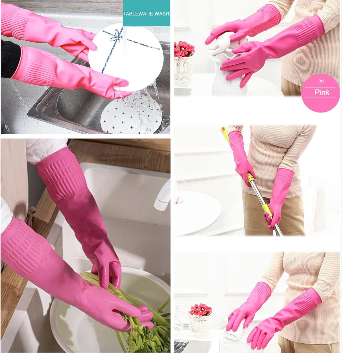 3 Pairs of Rubber Dishwashing Gloves for Kitchen and Household Cleaning – Long Cuff 15", Reusable, Flexible Long-lasting and Non-Slip (Red+Yellow+Green, Large)