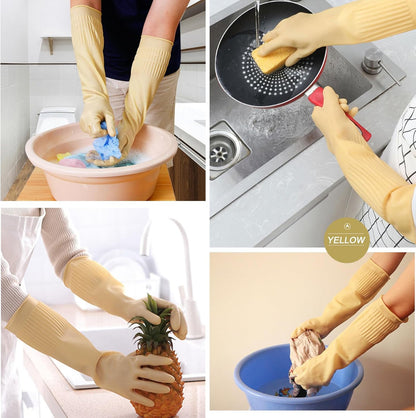 3 Pairs of Rubber Dishwashing Gloves for Kitchen and Household Cleaning – Long Cuff 15", Reusable, Flexible Long-lasting and Non-Slip (Red+Yellow+Green, Large)