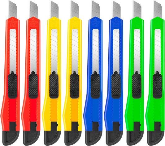 8 Pack Box Cutter Retractable Utility Knife, 9mm Wide Blade | Box Cutters Bulk for Cardboard, Packages, Paper, Snap-Off Blades Razor Knife, Navajas para Trabajo, Disposable Box Opener