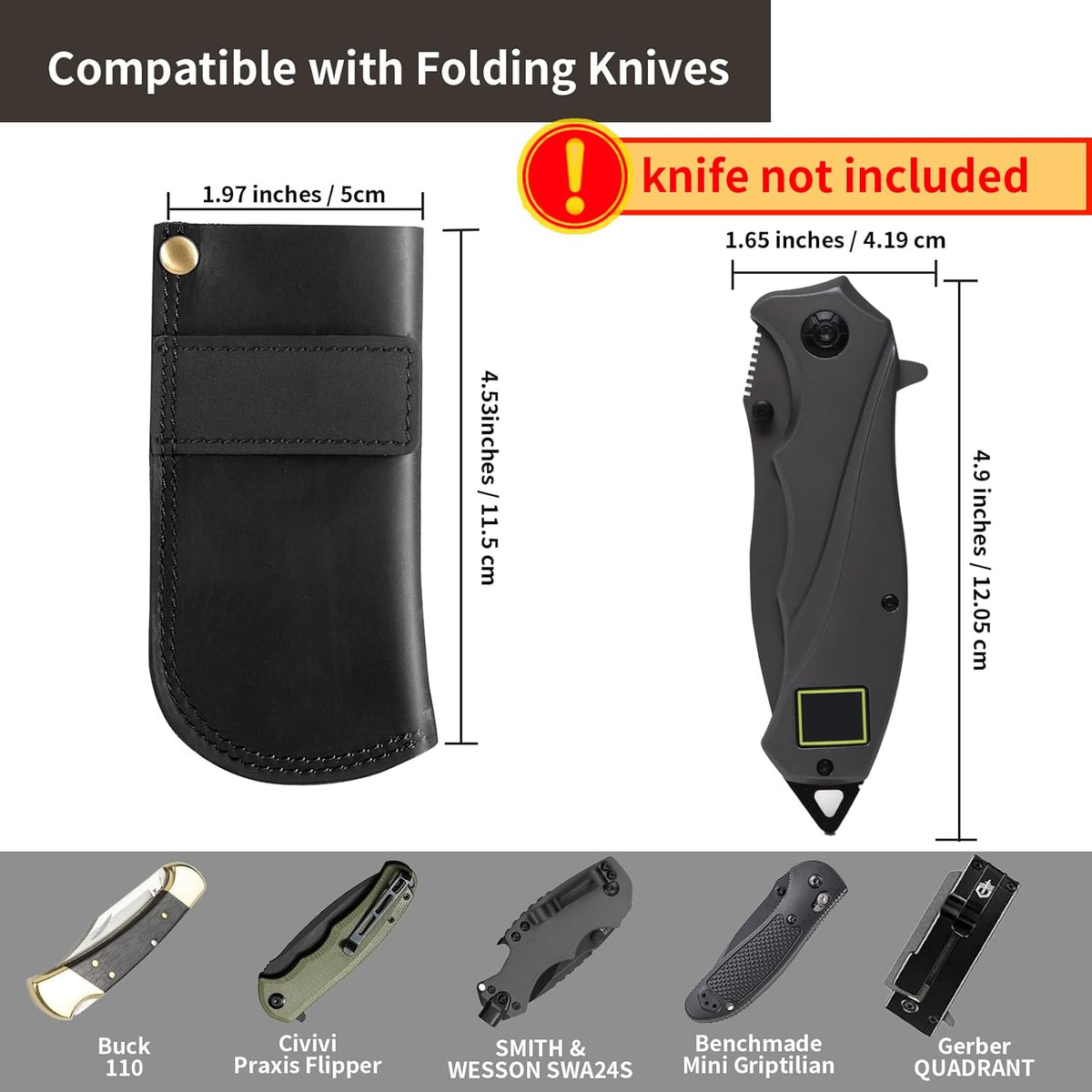 Leather Knife Sheath for Belt, Heavy Duty Cowhide Pocket Knife Holder, EDC Folding Knife Holster Case, Compatible with Buck 110 and Small Knives, Gifts for Men (4.9" x 1.65")