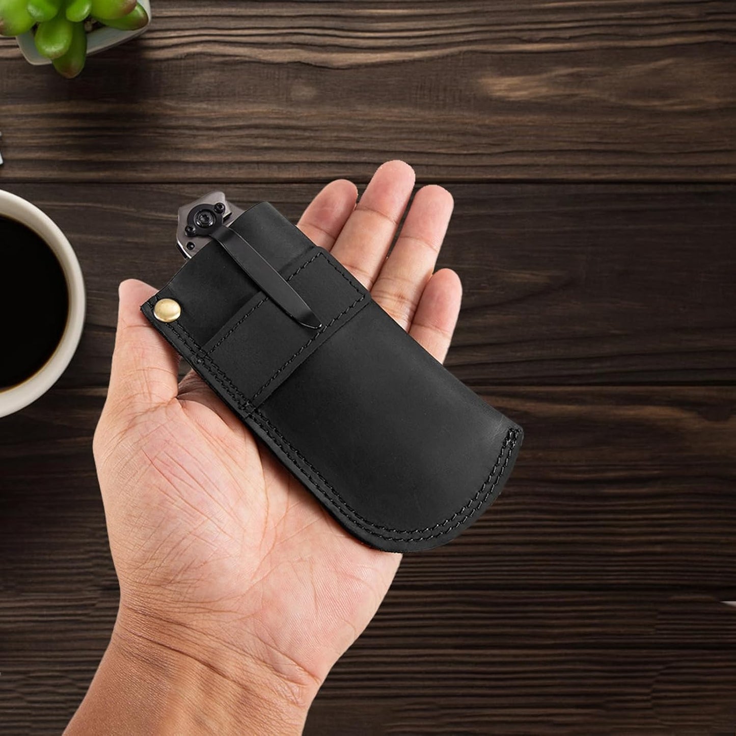 Leather Knife Sheath for Belt, Heavy Duty Cowhide Pocket Knife Holder, EDC Folding Knife Holster Case, Compatible with Buck 110 and Small Knives, Gifts for Men (4.9" x 1.65")