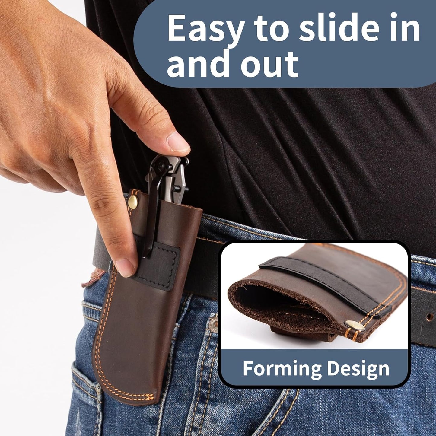 Leather Knife Sheath for Belt, Heavy Duty Cowhide Pocket Knife Holder, EDC Folding Knife Holster Case, Compatible with Buck 110 and Small Knives, Gifts for Men (4.9" x 1.65")