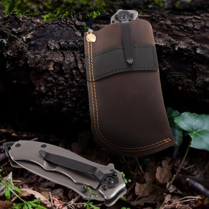 Leather Knife Sheath for Belt, Heavy Duty Cowhide Pocket Knife Holder, EDC Folding Knife Holster Case, Compatible with Buck 110 and Small Knives, Gifts for Men (4.9" x 1.65")