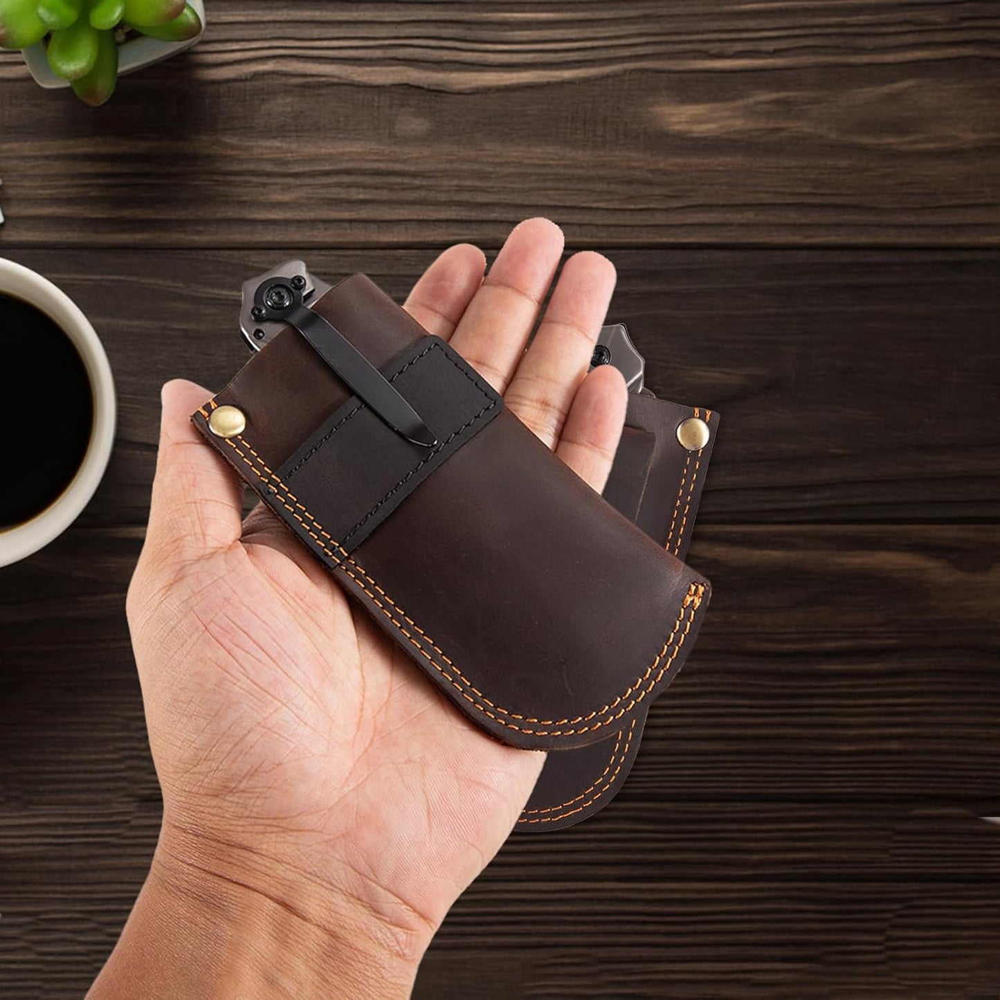 Leather Knife Sheath for Belt, Heavy Duty Cowhide Pocket Knife Holder, EDC Folding Knife Holster Case, Compatible with Buck 110 and Small Knives, Gifts for Men (4.9" x 1.65")