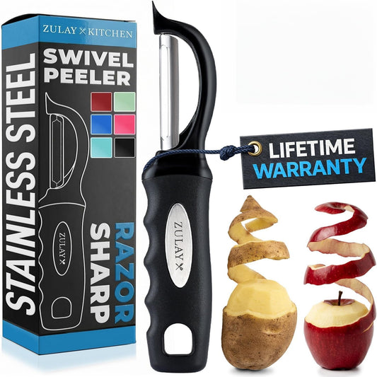 Premium Vegetable Peeler for Kitchen - Swivel Peeler with Razor Sharp Stainless Steel Blades & Strong Ergonomic Handle - Dishwasher Safe, Easy To Use with Blemish Remover - Black