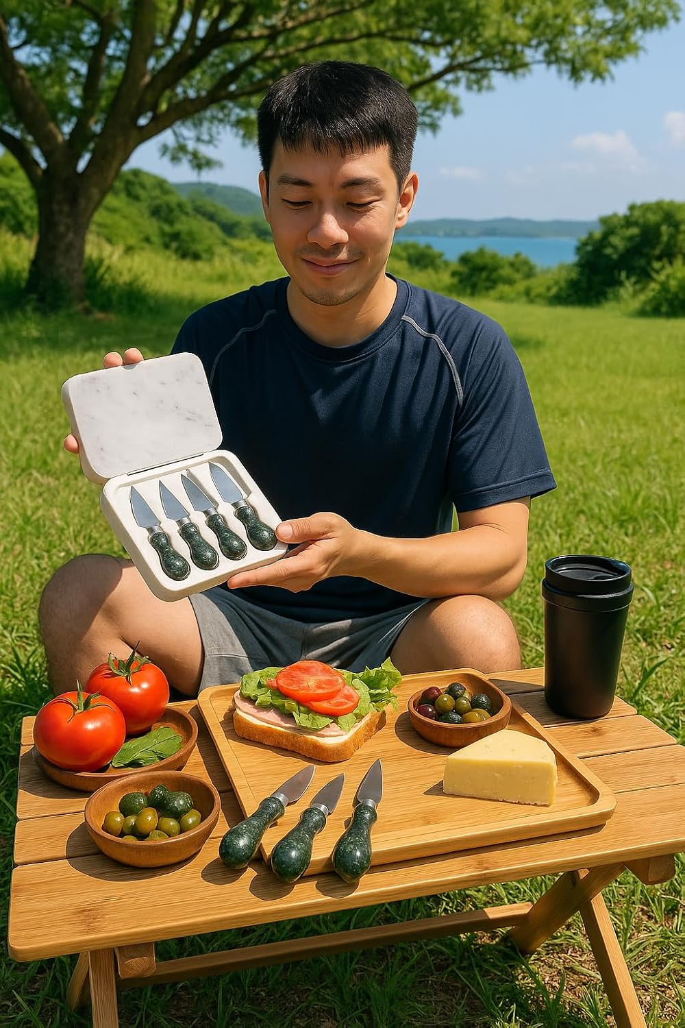 Natural Green Marble Handle Cheese Knife Set, 4 Pieces