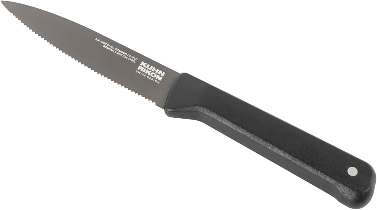 ICED Serrated Paring Knife 3.54 Inch, Ice Hardened German Stainless Steel, Razor Sharp Titanium Coated Blade, Precision Everyday Kitchen Knife