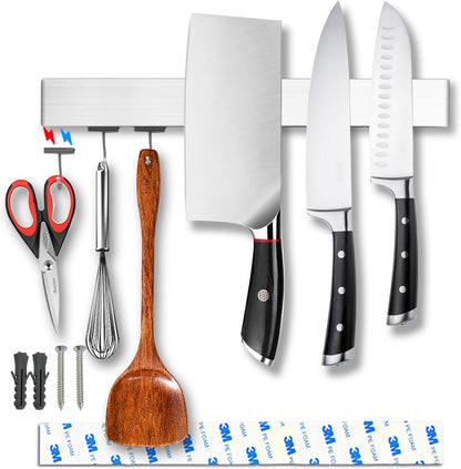 12 Inch Magnetic Knife Holder for Wall Mount with Magnetic Hooks - No-Drill Adhesive - Knife Magnetic Strip - 304 Stainless Steel Magnetic Kitchen Utensil Hanger/Holder/Rack/Bar