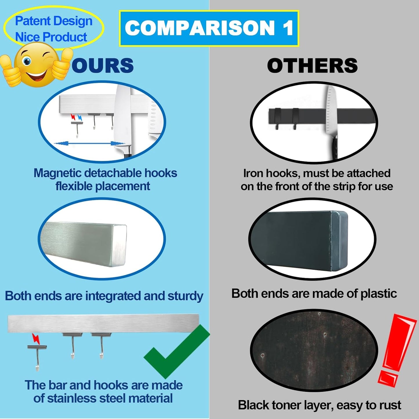 12 Inch Magnetic Knife Holder for Wall Mount with Magnetic Hooks - No-Drill Adhesive - Knife Magnetic Strip - 304 Stainless Steel Magnetic Kitchen Utensil Hanger/Holder/Rack/Bar