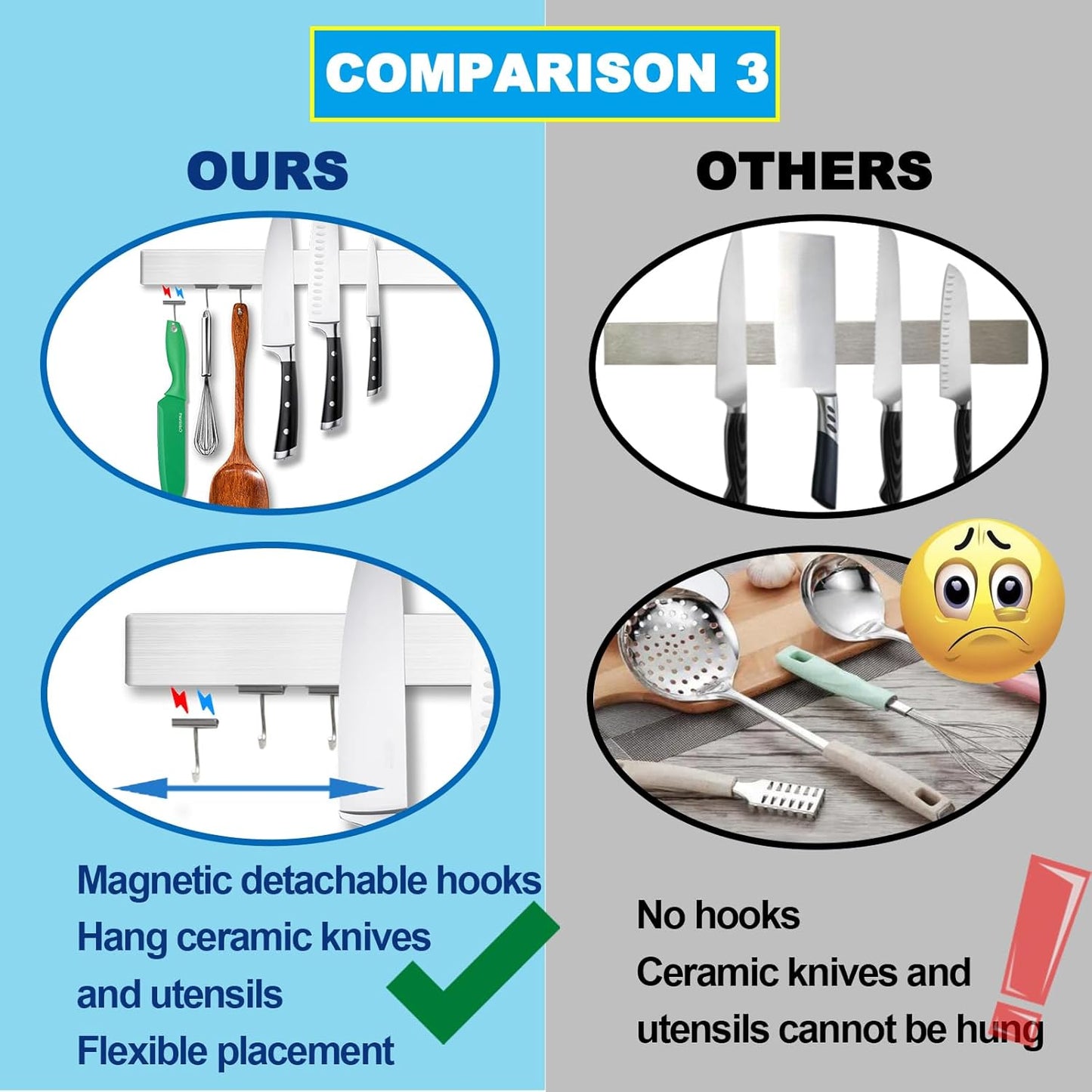 12 Inch Magnetic Knife Holder for Wall Mount with Magnetic Hooks - No-Drill Adhesive - Knife Magnetic Strip - 304 Stainless Steel Magnetic Kitchen Utensil Hanger/Holder/Rack/Bar