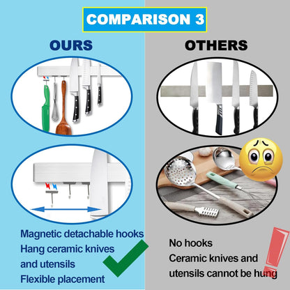 12 Inch Magnetic Knife Holder for Wall Mount with Magnetic Hooks - No-Drill Adhesive - Knife Magnetic Strip - 304 Stainless Steel Magnetic Kitchen Utensil Hanger/Holder/Rack/Bar
