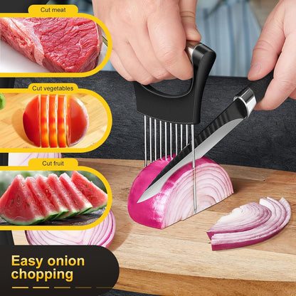 Premium Onion Slicer, Stainless Steel Onion Holder for Slicing, Kiwifruit, Tomatoes, Avocados, Eggs, Lemon, Meat, Potato, Third Generation Onion Cutter with Protective Cover