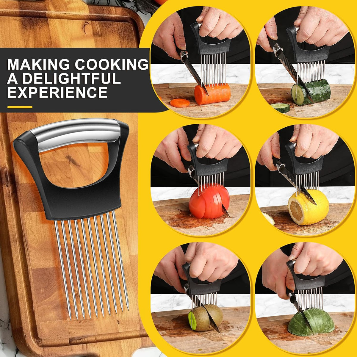 Premium Onion Slicer, Stainless Steel Onion Holder for Slicing, Kiwifruit, Tomatoes, Avocados, Eggs, Lemon, Meat, Potato, Third Generation Onion Cutter with Protective Cover