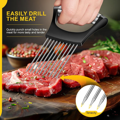 Premium Onion Slicer, Stainless Steel Onion Holder for Slicing, Kiwifruit, Tomatoes, Avocados, Eggs, Lemon, Meat, Potato, Third Generation Onion Cutter with Protective Cover