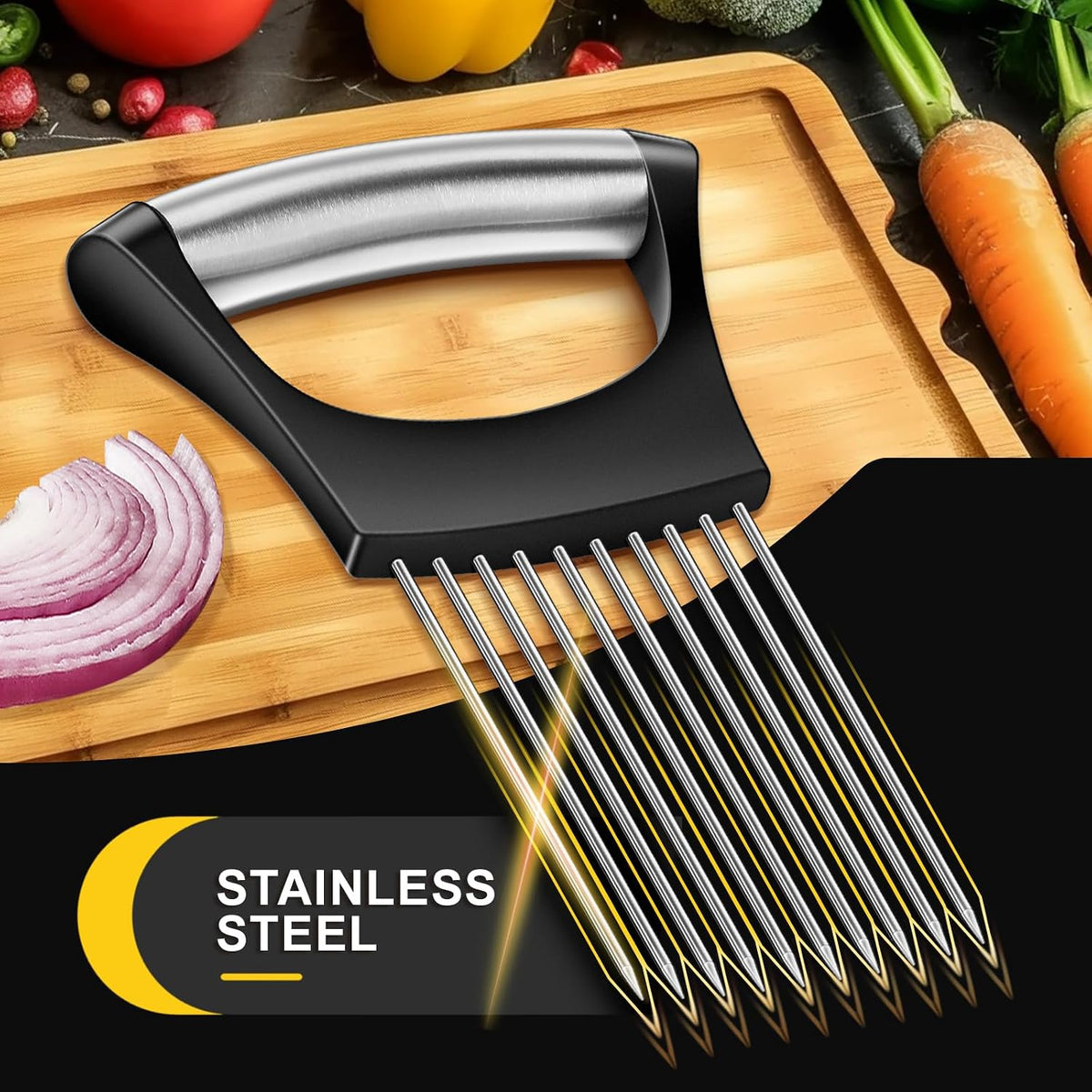 Premium Onion Slicer, Stainless Steel Onion Holder for Slicing, Kiwifruit, Tomatoes, Avocados, Eggs, Lemon, Meat, Potato, Third Generation Onion Cutter with Protective Cover
