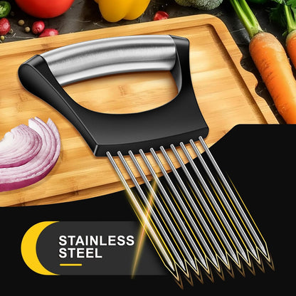 Premium Onion Slicer, Stainless Steel Onion Holder for Slicing, Kiwifruit, Tomatoes, Avocados, Eggs, Lemon, Meat, Potato, Third Generation Onion Cutter with Protective Cover