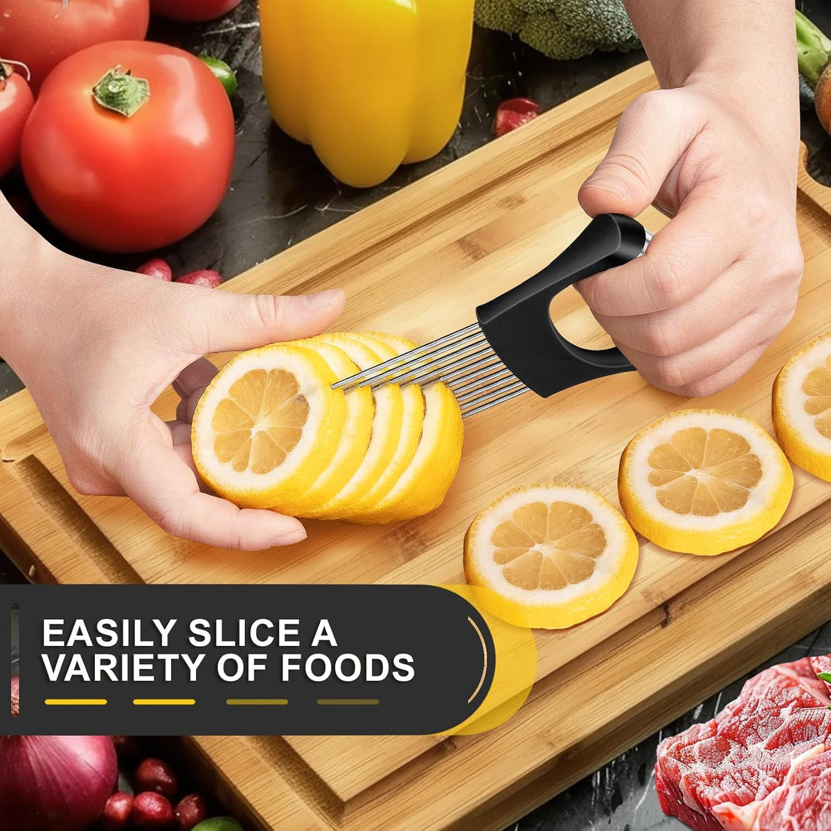 Premium Onion Slicer, Stainless Steel Onion Holder for Slicing, Kiwifruit, Tomatoes, Avocados, Eggs, Lemon, Meat, Potato, Third Generation Onion Cutter with Protective Cover