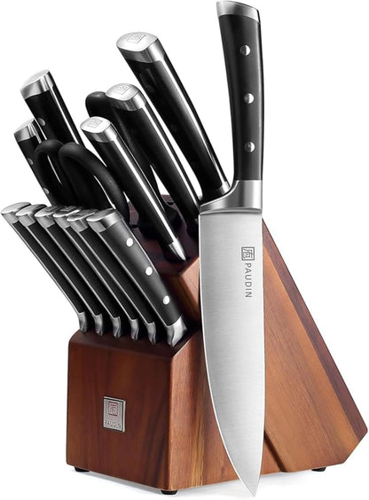 Knife Block Set, 15 Pieces Knife Set with Block, High Carbon Stainless Steel Kitchen Knife Set with Sharpener, Knives Set for Kitchen with Full Tang Triple Rivet Handle