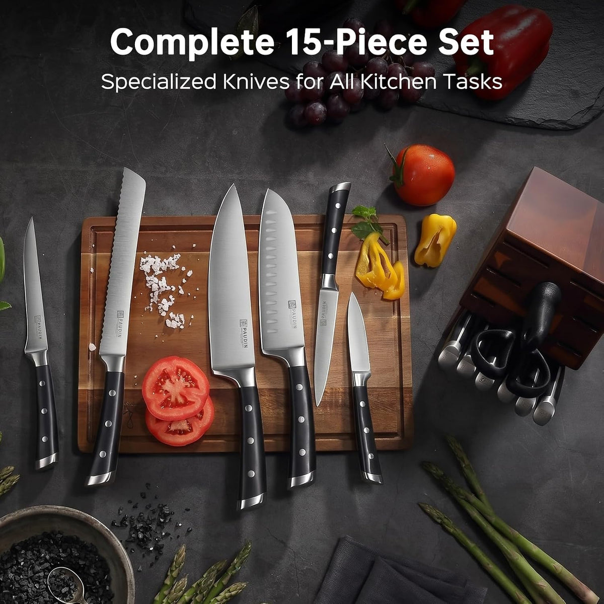 Knife Block Set, 15 Pieces Knife Set with Block, High Carbon Stainless Steel Kitchen Knife Set with Sharpener, Knives Set for Kitchen with Full Tang Triple Rivet Handle