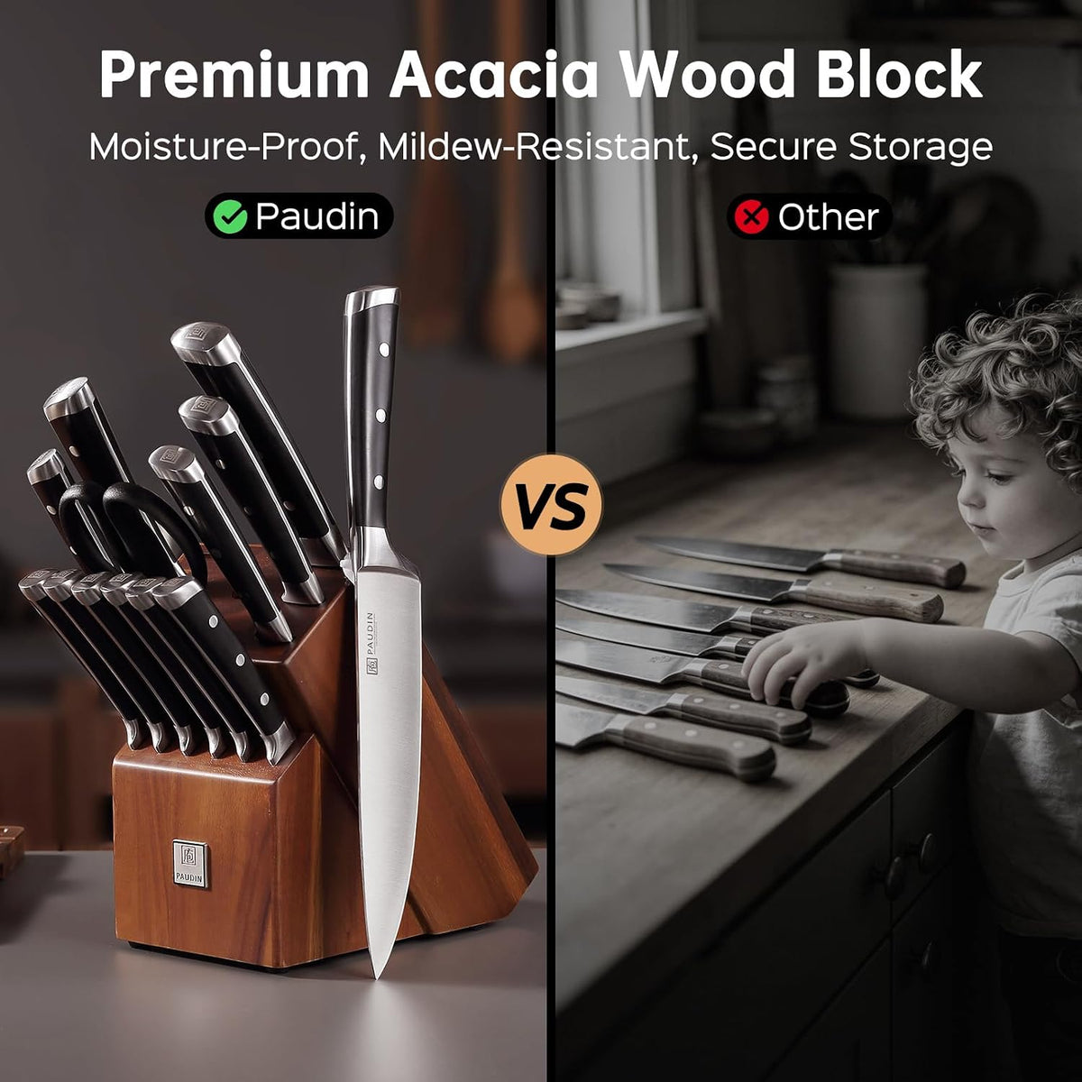 Knife Block Set, 15 Pieces Knife Set with Block, High Carbon Stainless Steel Kitchen Knife Set with Sharpener, Knives Set for Kitchen with Full Tang Triple Rivet Handle