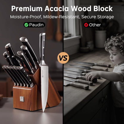 Knife Block Set, 15 Pieces Knife Set with Block, High Carbon Stainless Steel Kitchen Knife Set with Sharpener, Knives Set for Kitchen with Full Tang Triple Rivet Handle