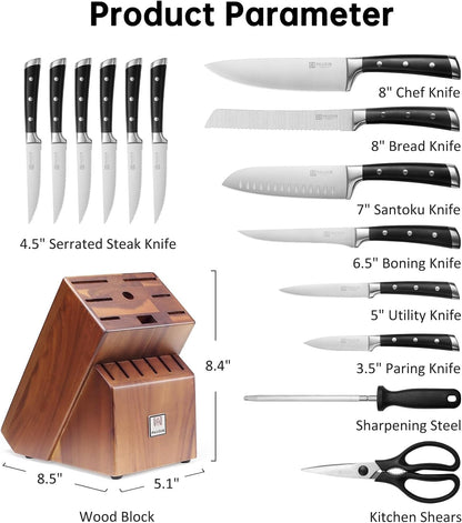 Knife Block Set, 15 Pieces Knife Set with Block, High Carbon Stainless Steel Kitchen Knife Set with Sharpener, Knives Set for Kitchen with Full Tang Triple Rivet Handle