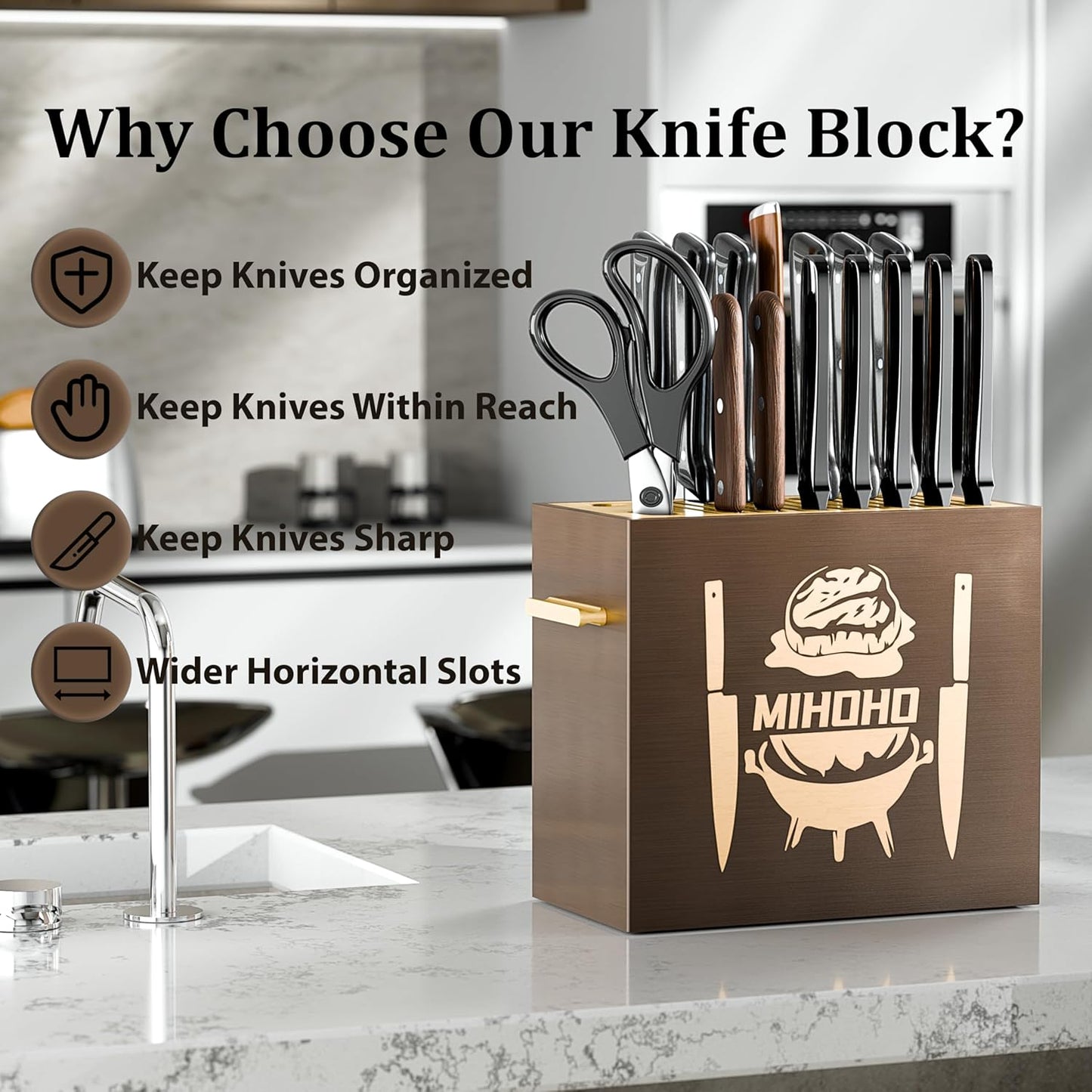 Wood Universal Knife Block with Slots, Wood Knife Holder/Knife Organizer, Unique Knife Storage for Counter Top with Anti-Slip Base (Walnut D)