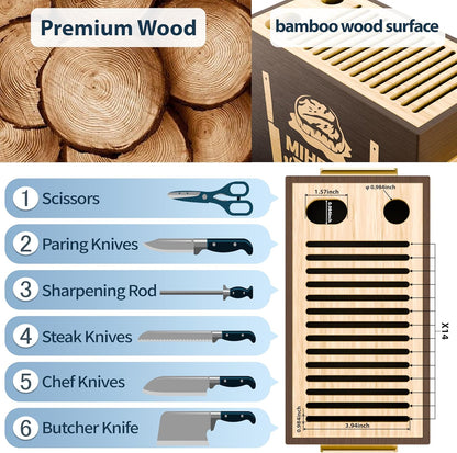 Wood Universal Knife Block with Slots, Wood Knife Holder/Knife Organizer, Unique Knife Storage for Counter Top with Anti-Slip Base (Walnut D)