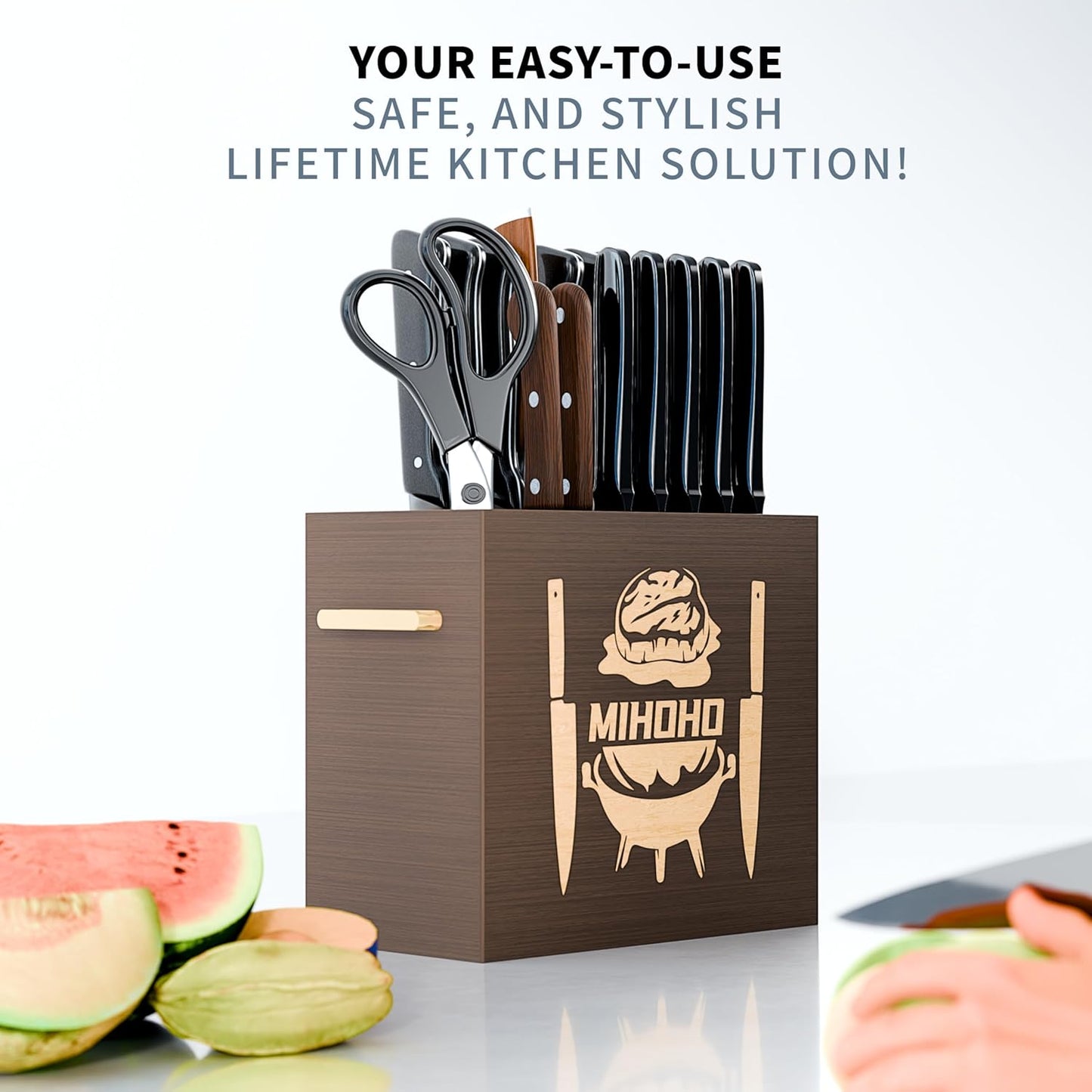 Wood Universal Knife Block with Slots, Wood Knife Holder/Knife Organizer, Unique Knife Storage for Counter Top with Anti-Slip Base (Walnut D)