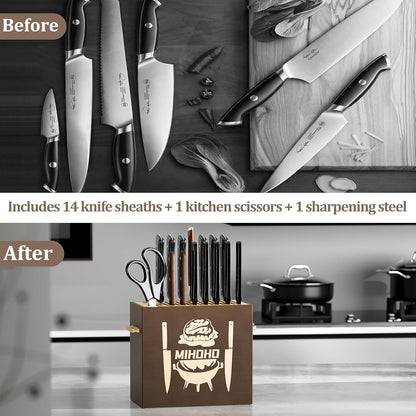 Wood Universal Knife Block with Slots, Wood Knife Holder/Knife Organizer, Unique Knife Storage for Counter Top with Anti-Slip Base (Walnut D)