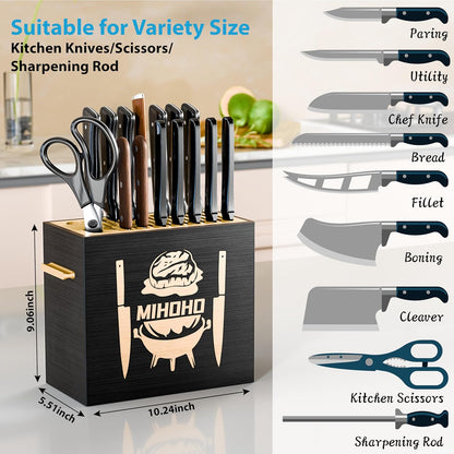 Wood Universal Knife Block with Slots, Wood Knife Holder/Knife Organizer, Unique Knife Storage for Counter Top with Anti-Slip Base (Walnut D)