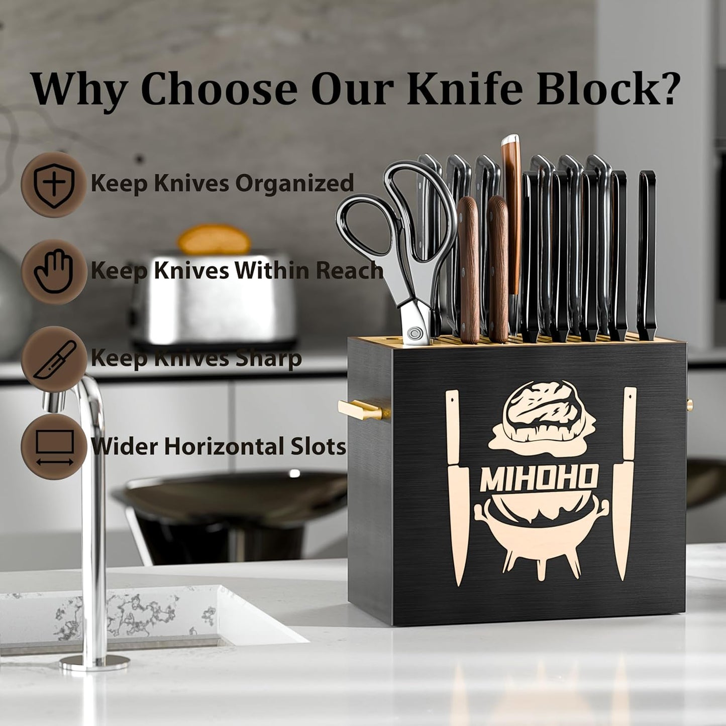 Wood Universal Knife Block with Slots, Wood Knife Holder/Knife Organizer, Unique Knife Storage for Counter Top with Anti-Slip Base (Walnut D)