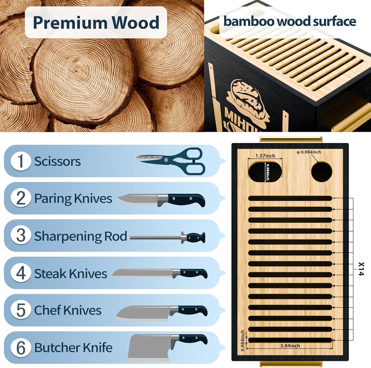 Wood Universal Knife Block with Slots, Wood Knife Holder/Knife Organizer, Unique Knife Storage for Counter Top with Anti-Slip Base (Walnut D)